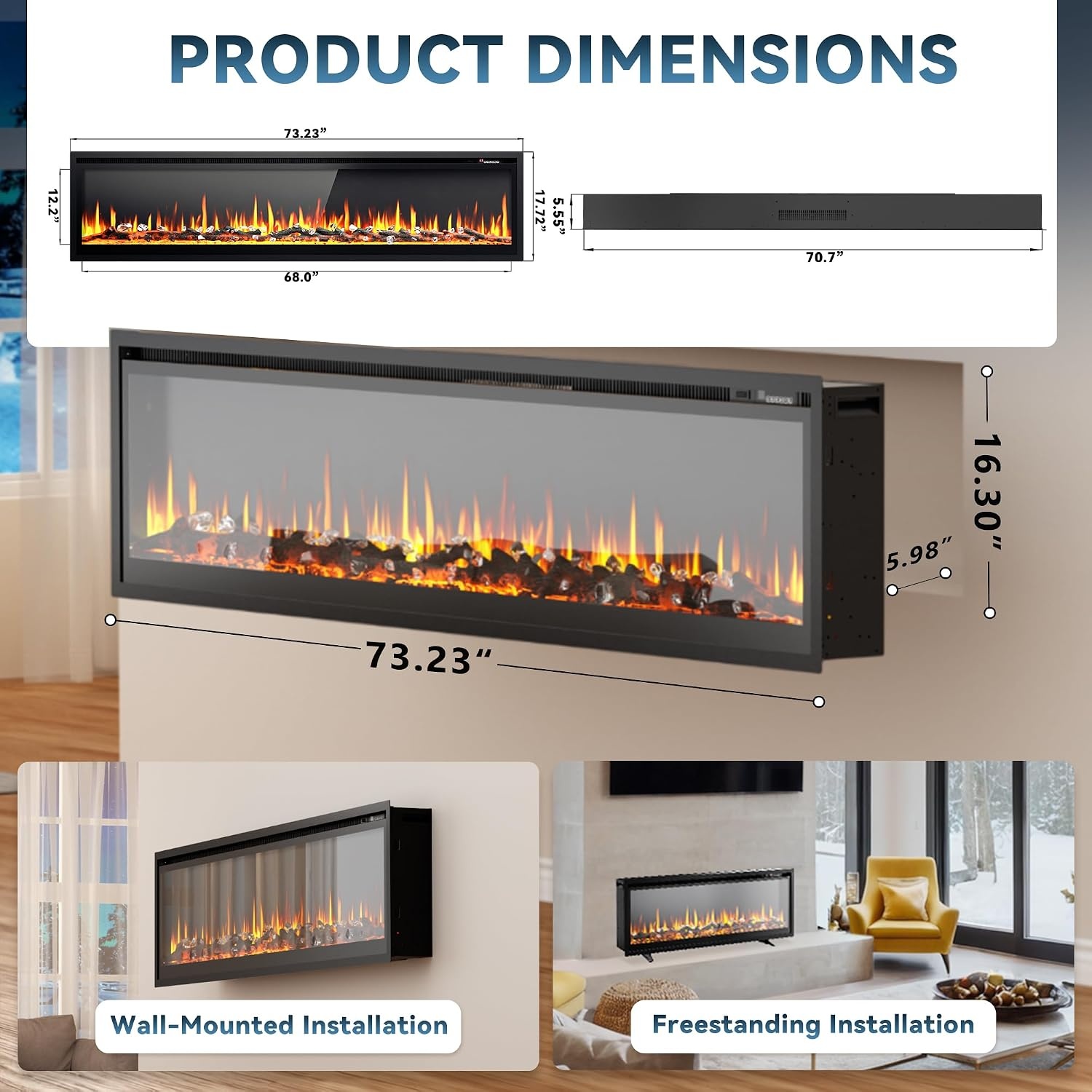 image:imageEUHOMY 36 Inch Electric Fireplace Recessed and Wall Mounted73 Inch Premium