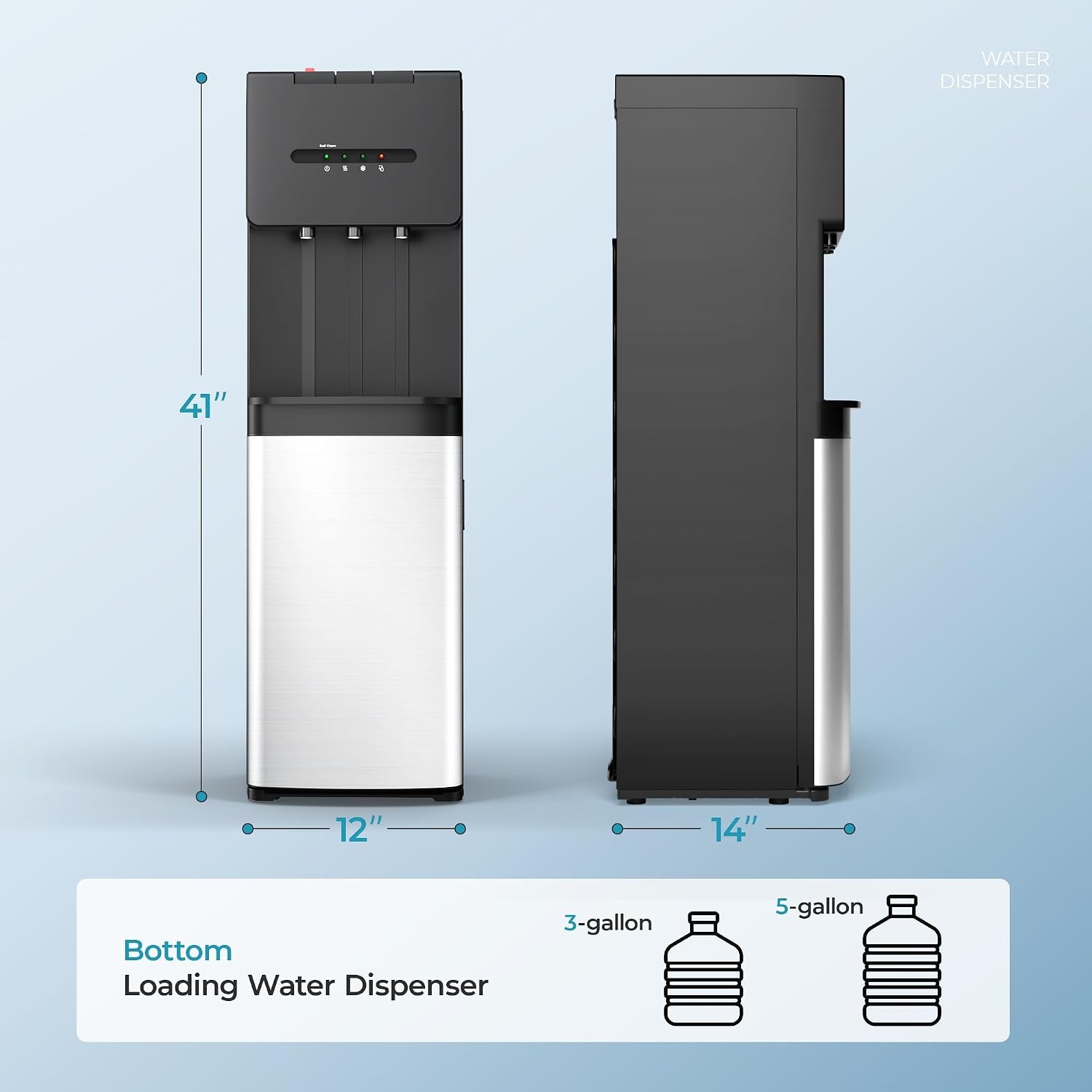 image:imageEUHOMY Self Cleaning Bottom Loading Water Dispenser for 3 or 5 Gallon Bottles Hot Cold and Room Water Cooler with Child Safety Lock LED Indicator Empty Bottle Alert Home Office Apartment Black