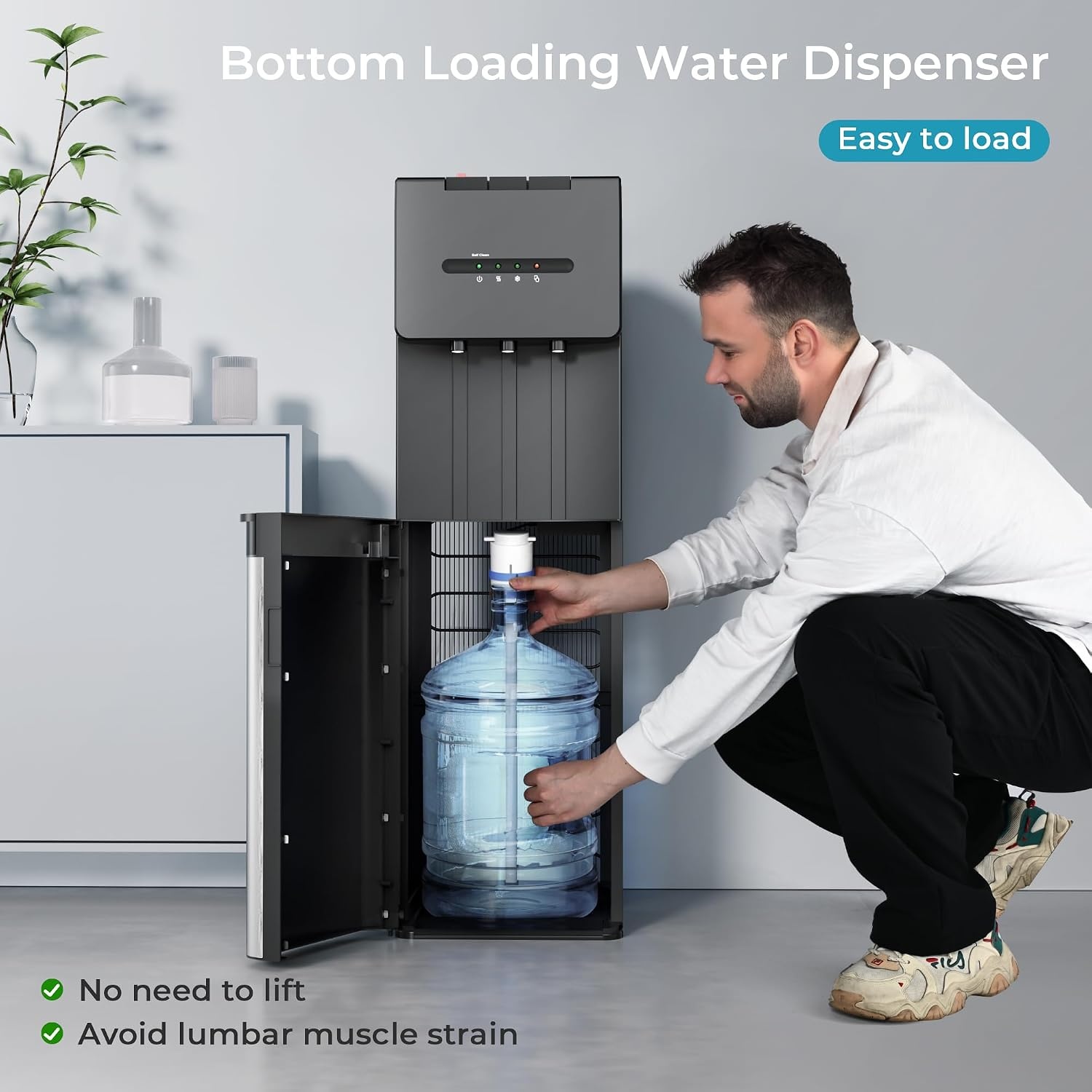 image:imageEUHOMY Self Cleaning Bottom Loading Water Dispenser for 3 or 5 Gallon Bottles Hot Cold and Room Water Cooler with Child Safety Lock LED Indicator Empty Bottle Alert Home Office Apartment Black