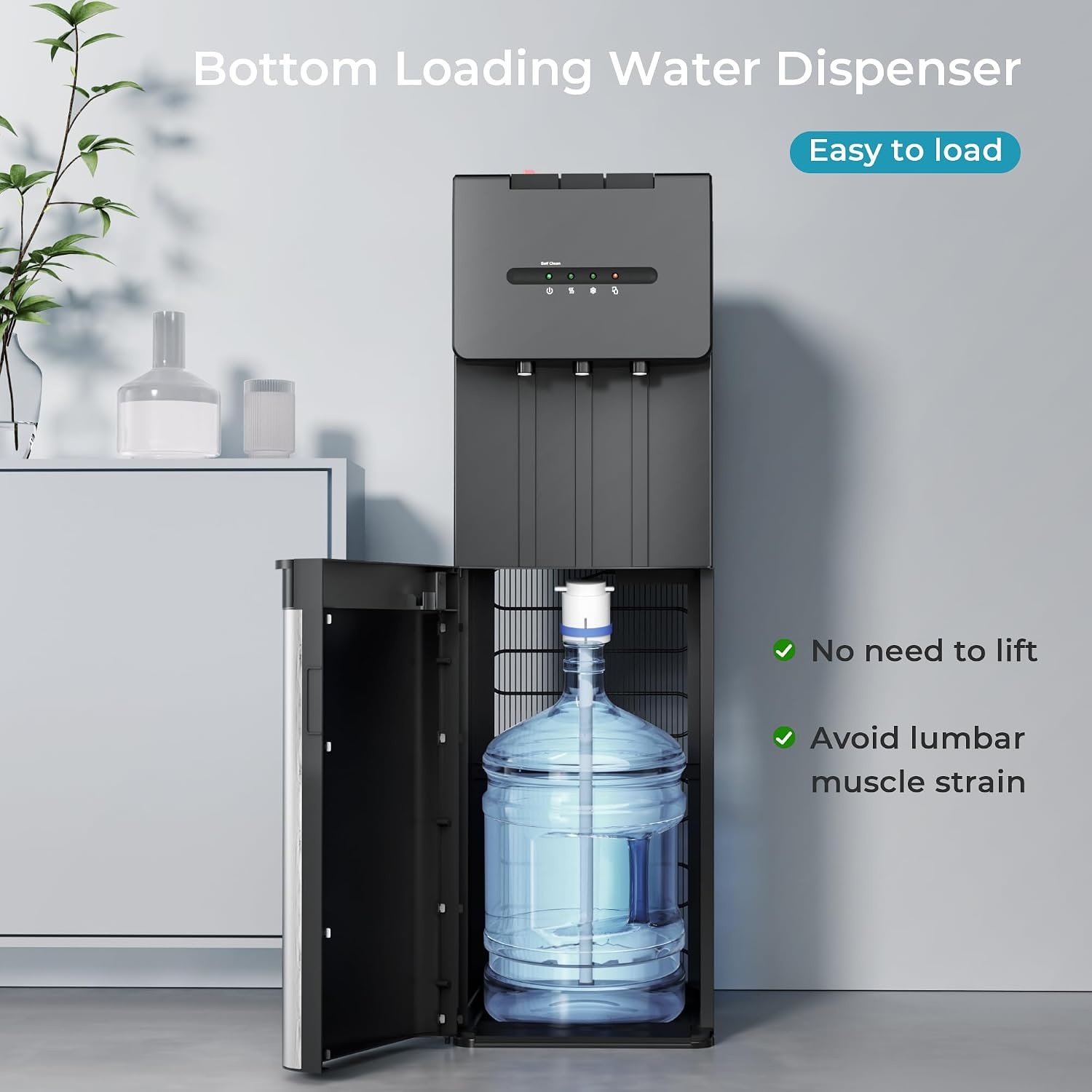 image:imageEUHOMY Self Cleaning Bottom Loading Water Dispenser for 3 or 5 Gallon Bottles Hot Cold and Room Water Cooler with Child Safety Lock LED Indicator Empty Bottle Alert Home Office Apartment Black