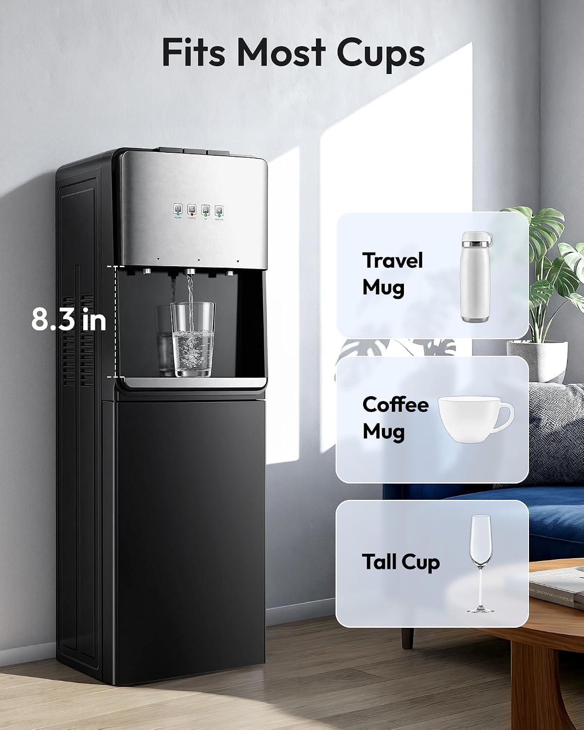image:imageEuhomy SelfCleaning BottomLoading Water Dispenser Compatible with 5 Gallon Bottles 3 Temperature Settings with Hot Room amp Cold Water Outlets Childproof Lock Night Light amp LED DisplayBlackBlacksilver